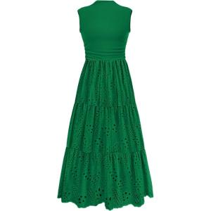 imagePRETTYGARDEN Summer Dresses for Women 2026 Casual Eyelet Sleeveless Wedding Guest Maxi Dress Tank Top Sundress with PocketsEmerald Green