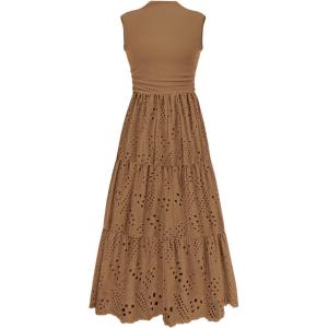 imagePRETTYGARDEN Summer Dresses for Women 2026 Casual Eyelet Sleeveless Wedding Guest Maxi Dress Tank Top Sundress with PocketsKhaki