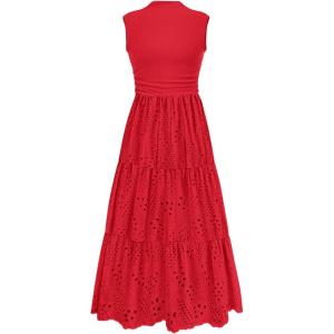 imagePRETTYGARDEN Summer Dresses for Women 2026 Casual Eyelet Sleeveless Wedding Guest Maxi Dress Tank Top Sundress with PocketsRed