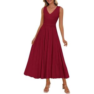 imagePRETTYGARDEN Summer Dresses for Women 2026 Spring Sleeveless V Neck Knit A Line Casual Midi Cocktail Wedding Guest DressBurgundy