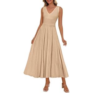 imagePRETTYGARDEN Summer Dresses for Women 2026 Spring Sleeveless V Neck Knit A Line Casual Midi Cocktail Wedding Guest DressDark Apricot