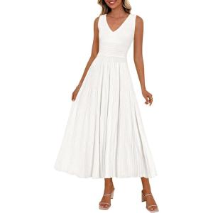 imagePRETTYGARDEN Summer Dresses for Women 2026 Spring Sleeveless V Neck Knit A Line Casual Midi Cocktail Wedding Guest DressWhite