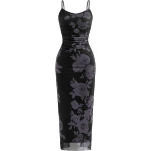 imagePRETTYGARDEN Summer Wedding Guest Dresses for Women 2026 Spaghetti Strap Mesh Bodycon Beach Vacation Floral Maxi Long DressesFloral Black