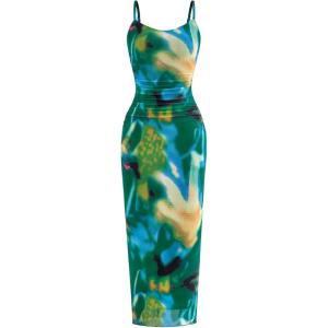 imagePRETTYGARDEN Summer Wedding Guest Dresses for Women 2026 Spaghetti Strap Mesh Bodycon Beach Vacation Floral Maxi Long DressesFloral Green