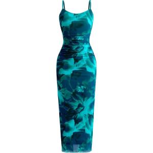 imagePRETTYGARDEN Summer Wedding Guest Dresses for Women 2026 Spaghetti Strap Mesh Bodycon Beach Vacation Floral Maxi Long DressesFloral Lake Blue
