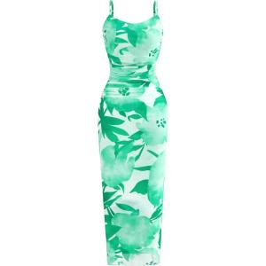 imagePRETTYGARDEN Summer Wedding Guest Dresses for Women 2026 Spaghetti Strap Mesh Bodycon Beach Vacation Floral Maxi Long DressesFloral White Light Green