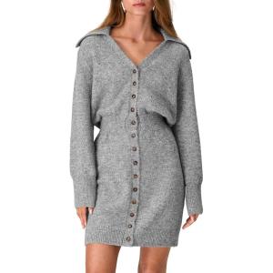 imagePRETTYGARDEN Sweater Dresses for Women 2026 Trendy Long Sleeve Button Down Short Mini Fall Winter DressGrey
