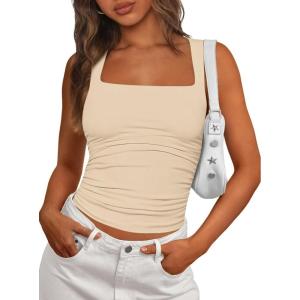 imagePRETTYGARDEN Tank Tops for Women 2026 Summer Sleeveless Square Neck Double Lined Tops Spring Ruched Going Out Y2K ClothesApricot