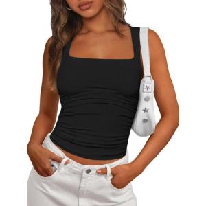 imagePRETTYGARDEN Tank Tops for Women 2026 Summer Sleeveless Square Neck Double Lined Tops Spring Ruched Going Out Y2K ClothesBlack