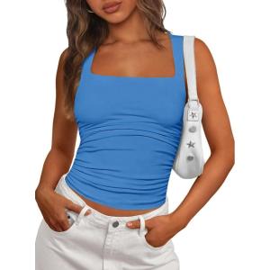 imagePRETTYGARDEN Tank Tops for Women 2026 Summer Sleeveless Square Neck Double Lined Tops Spring Ruched Going Out Y2K ClothesBlue
