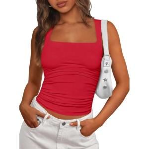 imagePRETTYGARDEN Tank Tops for Women 2026 Summer Sleeveless Square Neck Double Lined Tops Spring Ruched Going Out Y2K ClothesRed