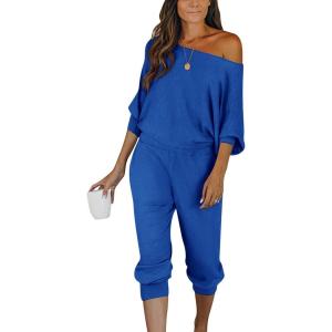 imagePRETTYGARDEN Two Piece Sets for Women 2026 Casual Ribbed Knit Off Shoulder Tops Lounge Pants Fall Tracksuits Winter ClothesDark Blue