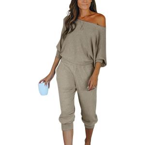 imagePRETTYGARDEN Two Piece Sets for Women 2026 Casual Ribbed Knit Off Shoulder Tops Lounge Pants Fall Tracksuits Winter ClothesGrey