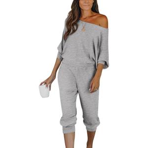 imagePRETTYGARDEN Two Piece Sets for Women 2026 Casual Ribbed Knit Off Shoulder Tops Lounge Pants Fall Tracksuits Winter ClothesLight Grey