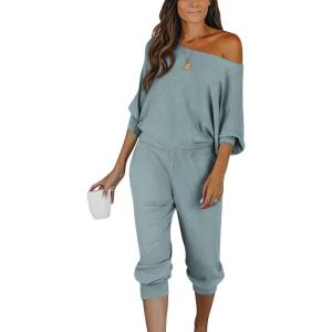 imagePRETTYGARDEN Two Piece Sets for Women 2026 Casual Ribbed Knit Off Shoulder Tops Lounge Pants Fall Tracksuits Winter ClothesLight Grey Blue