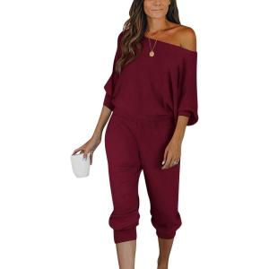 imagePRETTYGARDEN Two Piece Sets for Women 2026 Casual Ribbed Knit Off Shoulder Tops Lounge Pants Fall Tracksuits Winter ClothesWine Red