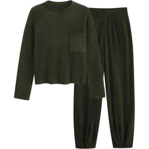 imagePRETTYGARDEN Two Piece Sets for Women 2026 Pullover Sweater High Waisted Sweatpants Tracksuit Lounge Set Fall Winter OutfitsArmy Green