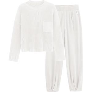 imagePRETTYGARDEN Two Piece Sets for Women 2026 Pullover Sweater High Waisted Sweatpants Tracksuit Lounge Set Fall Winter OutfitsBeige White