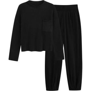 imagePRETTYGARDEN Two Piece Sets for Women 2026 Pullover Sweater High Waisted Sweatpants Tracksuit Lounge Set Fall Winter OutfitsBlack