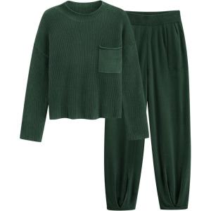imagePRETTYGARDEN Two Piece Sets for Women 2026 Pullover Sweater High Waisted Sweatpants Tracksuit Lounge Set Fall Winter OutfitsDark Green