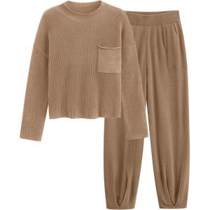 imagePRETTYGARDEN Two Piece Sets for Women 2026 Pullover Sweater High Waisted Sweatpants Tracksuit Lounge Set Fall Winter OutfitsKhaki