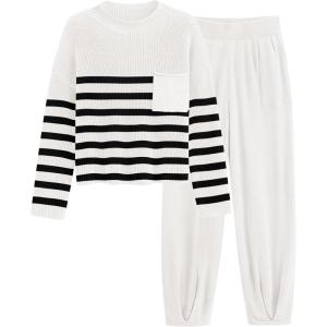 imagePRETTYGARDEN Two Piece Sets for Women 2026 Pullover Sweater High Waisted Sweatpants Tracksuit Lounge Set Fall Winter OutfitsStriped White