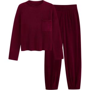 imagePRETTYGARDEN Two Piece Sets for Women 2026 Pullover Sweater High Waisted Sweatpants Tracksuit Lounge Set Fall Winter OutfitsWine Red