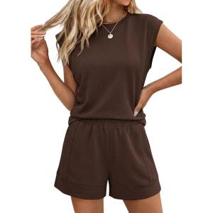 imagePRETTYGARDEN Two Piece Short Sets for Women Summer 2026 Matching Loungewear Travel Outfits Spring Beach Vacation ClothesBrown