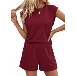 imagePRETTYGARDEN Two Piece Short Sets for Women Summer 2026 Matching Loungewear Travel Outfits Spring Beach Vacation ClothesBurgundy