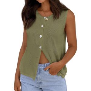 imagePRETTYGARDEN Vest Tops for Women 2026 Summer Sleeveless Sweater Tops Spring Trendy Knit Vests Cute Button Up CardiganArmy Green