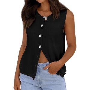 imagePRETTYGARDEN Vest Tops for Women 2026 Summer Sleeveless Sweater Tops Spring Trendy Knit Vests Cute Button Up CardiganBlack