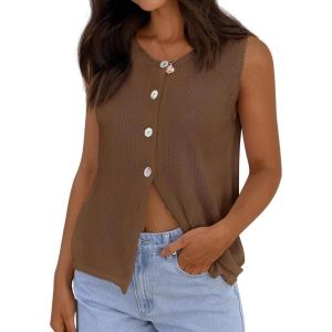 imagePRETTYGARDEN Vest Tops for Women 2026 Summer Sleeveless Sweater Tops Spring Trendy Knit Vests Cute Button Up CardiganBrown