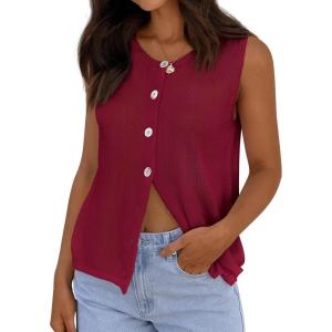 imagePRETTYGARDEN Vest Tops for Women 2026 Summer Sleeveless Sweater Tops Spring Trendy Knit Vests Cute Button Up CardiganBurgundy