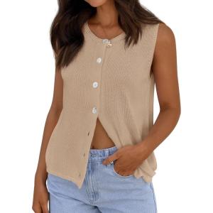 imagePRETTYGARDEN Vest Tops for Women 2026 Summer Sleeveless Sweater Tops Spring Trendy Knit Vests Cute Button Up CardiganKhaki