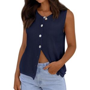 imagePRETTYGARDEN Vest Tops for Women 2026 Summer Sleeveless Sweater Tops Spring Trendy Knit Vests Cute Button Up CardiganNavy Blue