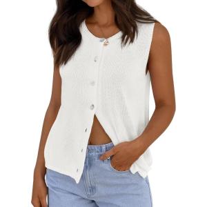 imagePRETTYGARDEN Vest Tops for Women 2026 Summer Sleeveless Sweater Tops Spring Trendy Knit Vests Cute Button Up CardiganWhite