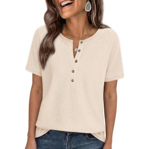 imagePRETTYGARDEN Waffle Knit Tops for Women Short Sleeve Henley Shirts 2026 Summer Blouses Dressy Casual Spring Fashion ClothesBeige