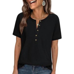 imagePRETTYGARDEN Waffle Knit Tops for Women Short Sleeve Henley Shirts 2026 Summer Blouses Dressy Casual Spring Fashion ClothesBlack