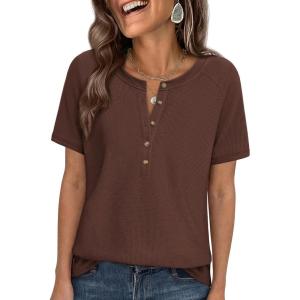 imagePRETTYGARDEN Waffle Knit Tops for Women Short Sleeve Henley Shirts 2026 Summer Blouses Dressy Casual Spring Fashion ClothesBrown