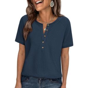 imagePRETTYGARDEN Waffle Knit Tops for Women Short Sleeve Henley Shirts 2026 Summer Blouses Dressy Casual Spring Fashion ClothesNavy Blue