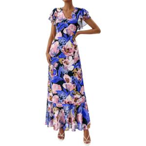 imagePRETTYGARDEN Wedding Guest Dresses for Women 2026 Spring Summer Short Sleeve Ruffle V Neck Floral Flowy Beach Maxi Long DressBlack Pink Flower