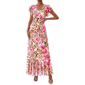 imagePRETTYGARDEN Wedding Guest Dresses for Women 2026 Spring Summer Short Sleeve Ruffle V Neck Floral Flowy Beach Maxi Long DressFloral Apricot Pink