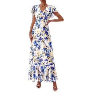 imagePRETTYGARDEN Wedding Guest Dresses for Women 2026 Spring Summer Short Sleeve Ruffle V Neck Floral Flowy Beach Maxi Long DressFloral Beige Blue