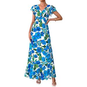 imagePRETTYGARDEN Wedding Guest Dresses for Women 2026 Spring Summer Short Sleeve Ruffle V Neck Floral Flowy Beach Maxi Long DressFloral Blue