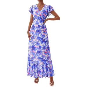 imagePRETTYGARDEN Wedding Guest Dresses for Women 2026 Spring Summer Short Sleeve Ruffle V Neck Floral Flowy Beach Maxi Long DressFloral Purple