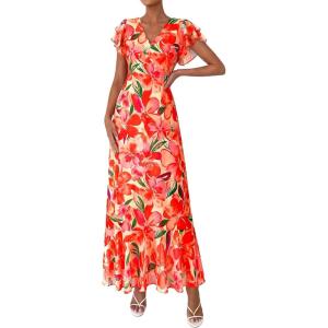 imagePRETTYGARDEN Wedding Guest Dresses for Women 2026 Spring Summer Short Sleeve Ruffle V Neck Floral Flowy Beach Maxi Long DressPrint Orange