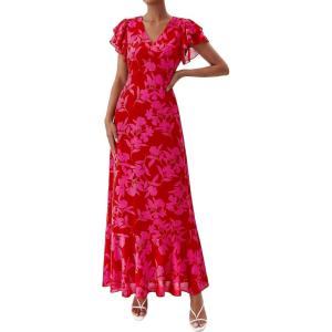 imagePRETTYGARDEN Wedding Guest Dresses for Women 2026 Spring Summer Short Sleeve Ruffle V Neck Floral Flowy Beach Maxi Long DressRed Floral