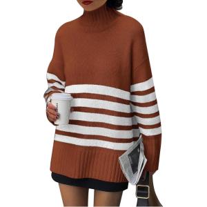 imagePRETTYGARDEN Women Oversized Striped Turtleneck Sweater 2025 Fall Fashion Long Sleeve Pullover Winter Chunky Knit Jumper TopsRust Red