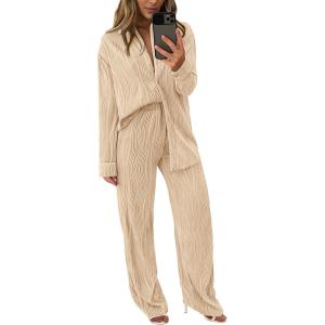 imagePRETTYGARDEN Womens 2 Piece Sets 2026 Fall Casual Textured Button Down Shirt Wide Leg Pants Outfits Loungewear TracksuitApricot