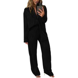 imagePRETTYGARDEN Womens 2 Piece Sets 2026 Fall Casual Textured Button Down Shirt Wide Leg Pants Outfits Loungewear TracksuitBlack